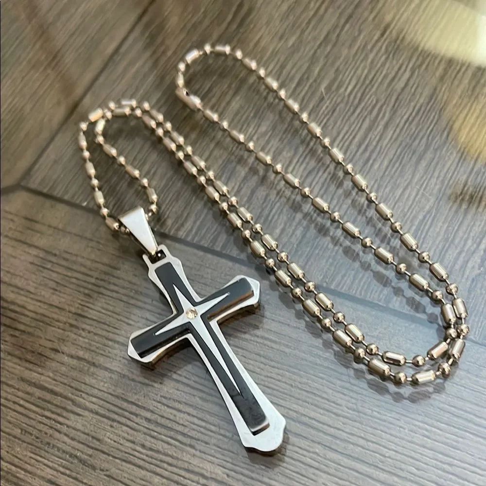 Silver and Black Cross Pendant Necklace
